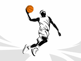 Vector art of basketball player in midair slam dunk isolated on white background, capturing the energy and excitement of the game, ideal for sports designs isolated on transparent background