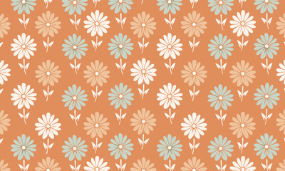 Seamless Retro Floral Pattern with Daisies in Vertical Rows on a Warm Orange Background