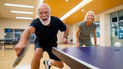 An energetic senior couple or mixed doubles team playing a dynamic game of table tennis. The man lunges for a shot while the woman smiles, ready for the next move.