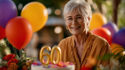 Celebration of 60th birthday with balloons and cake