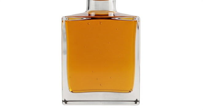 Elegant square glass bottle filled with amber liquid, showcasing bubbles, perfect for premium spirits, oils, or culinary presentations, isolated on white background
