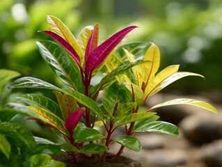 Variegated Codiaeum variegatum in a garden setting