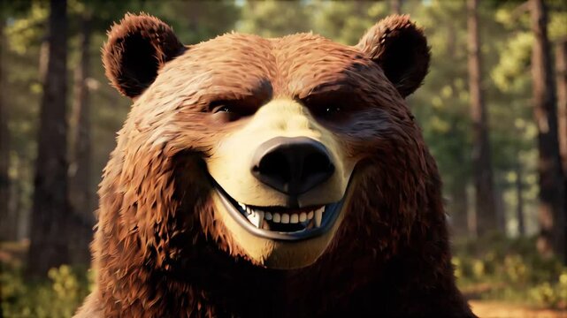 A jovial brown bear with a mischievous grin emerges from the sun-dappled forest, embodying a playful spirit in nature.