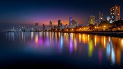 Vibrant Mumbai cityscape at night with illuminated skyline and glowing lights reflecting on the water