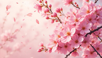 Fototapeta premium Vibrant Cherry Blossom Illustration with Delicate Pink Petals and Green Stems on Soft Background