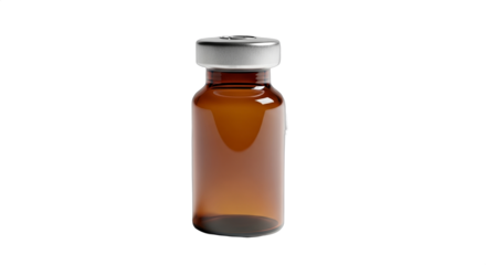 Transparent amber glass vial with silver lid, used for medicinal liquids or vaccines, isolated on white background showcasing product design features
