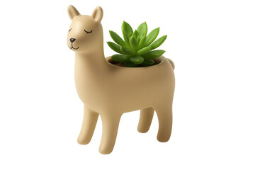 Beige ceramic llama-shaped planter holding green succulent plant, 3d rendering against transparent backdrop