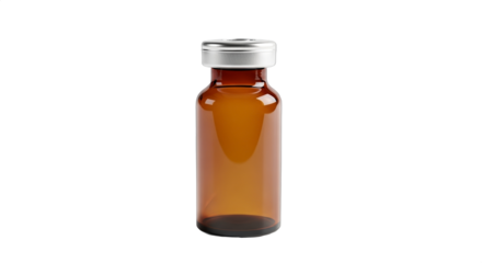 Brown glass bottle for medication, laboratory use, or essential oils, featuring a silver metal lid for secure closure, ideal for pharmaceutical applications