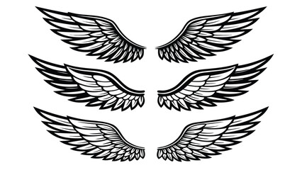 Obraz premium Three Vintage Style Black and White Wing Designs; Bold, Graphic, and Symbolic Illustrations for Logos, Tattoos, and Apparel.