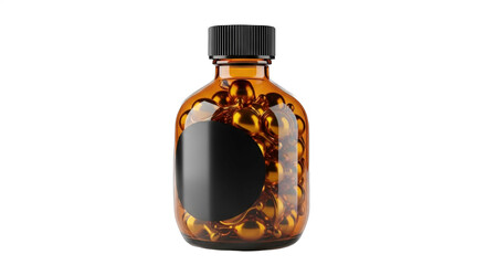 Brown glass bottle filled with round capsules showcasing a black label, ideal for health supplements or pharmaceutical products in a clear view