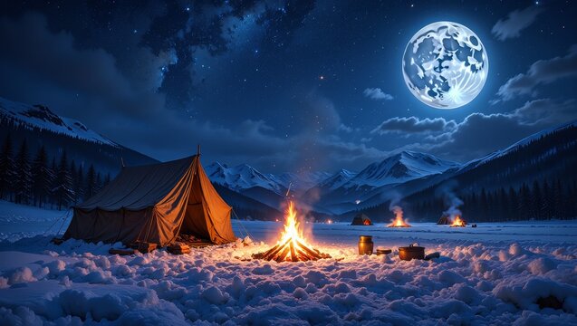Winter Camping Under Full Moon - Snowy Mountain Landscape