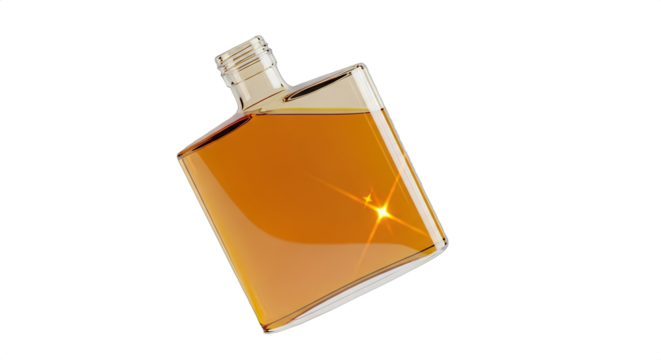 Glass bottle filled with golden liquid showcasing light reflection and clarity, ideal for beverage, food, or product photography with modern design aspects
