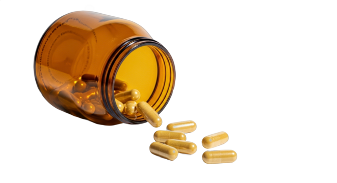 Open amber bottle spilling yellow capsules on a white background, depicting health and wellness supplement usage, vitamins and dietary enhancements for good nutrition