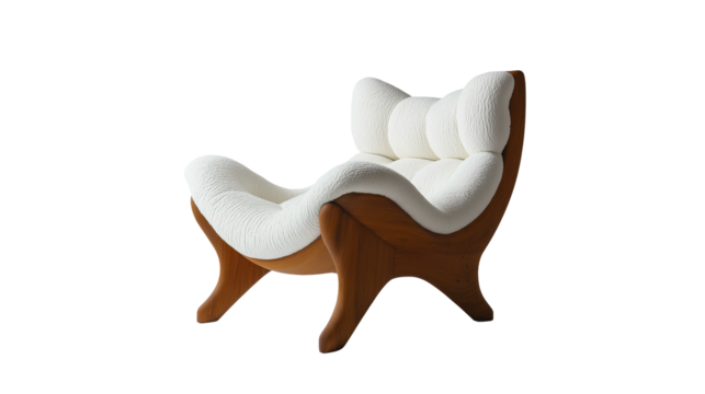A modern wooden brown chair with a sleek unique design and a smooth white seat on a plain white background or transparent png