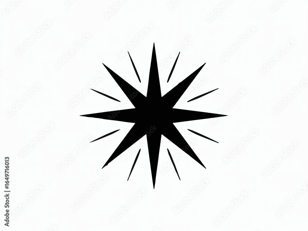 Poster vector art of a black starburst with radiating lines isolated on white background, creating a simple