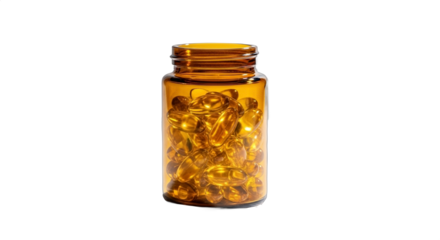Amber glass jar filled with golden capsules on a transparent background showcasing dietary supplements for health and wellness purposes