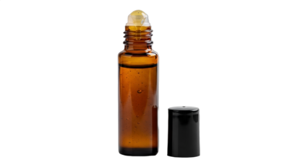 Amber glass dropper bottle with yellow cap and black lid, isolated on white background, perfect for essential oils, serums, or liquid products in cosmetic industry