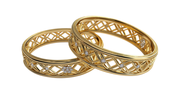A shiny two gold wedding rings in unique design
with a smooth polished finish on a plain white background or transparent png