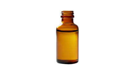 Amber glass bottle with liquid, suitable for essential oils, extracts, or pharmaceuticals, isolated on white background for product display and marketing purposes