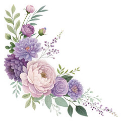 watercolor floral corner with soft purple and blush blossoms, leafy greenery and delicate sprigs for invitations, transparent background