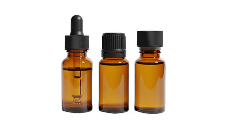 Brown glass dropper bottles for essential oils, serums, and liquid extracts on a white background with a focus on product packaging and storage