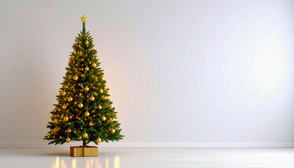 A simple and elegant stock photo of a Christmas tree decorated with golden baubles and a shining star. The image is minimalist in style, with a clean white background creating the perfect copy space. 