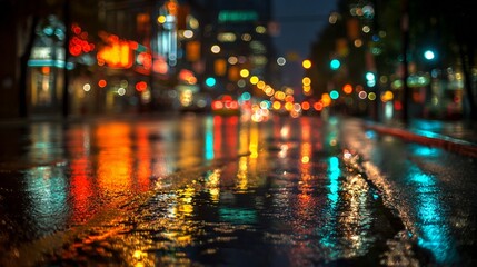 City street reflections after rain at night