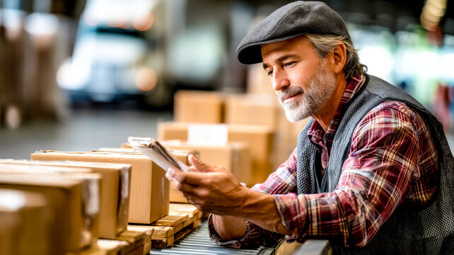 An elderly man in a plaid shirt and hat is checking a document while working in a warehouse next to boxes on a pallet.