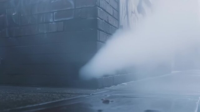 Eerie urban atmosphere as steam rises from the ground in a damp city alleyway