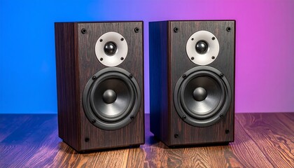 Fototapeta premium Two dark wooden speakers on a wooden surface.