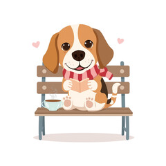 Cute Dog Reading a Book on a Bench with Coffee Cozy Puppy Illustration PNG