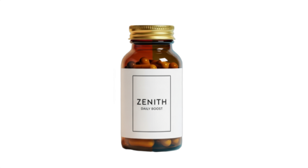 Transparent glass bottle with supplements, golden lid, featuring clear label design, containing capsules for daily health boost, medicine storage, wellness aid