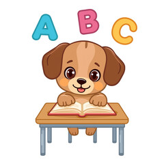 Cute Cartoon Puppy Learning ABC at Desk with Open Book Educational Vector Illustration PNG for Kids