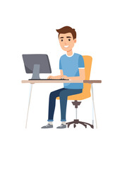 Young Man Working on Computer at Desk, Cartoon Vector Illustration for Business and Technology Concepts