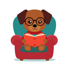 Cute Puppy Wearing Glasses Reading a Book in an Armchair Cartoon Smart Dog PNG
