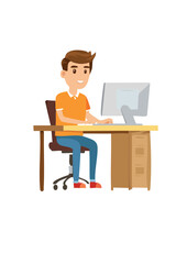 Young Man Working on Computer at Desk. Remote Work, Online Learning, Office Task, Digital Communication Illustration.