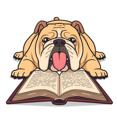 Cute Tired Bulldog Lying on an Open Book Funny Study Dog PNG