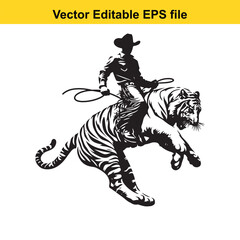 Fototapeta premium Cowboy riding a tiger, isolated on white background