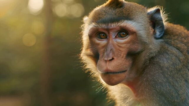 Close-up portrait of a wild macaque monkey with soulful eyes, bathed in the warm, golden light of sunset in a tranquil jungle.