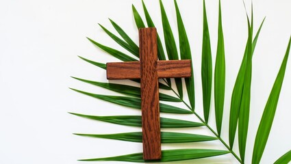 Wooden Cross with Palm Leaves - Symbol of Faith and Easter