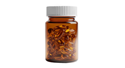 Amber container filled with golden capsules showcasing vitamins or supplements, perfect for health, wellness, and nutrition themes, isolated on white background