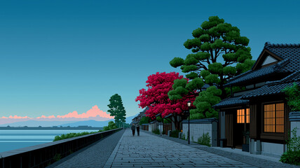 Obraz premium Detailed Japanese Printmaking Urban Scene Combining Historic and Modern Elements, Featuring Stylized Shadows, Flat Color Layers, and Intricate Architectural Linework in Ukiyo-e Aesthetic