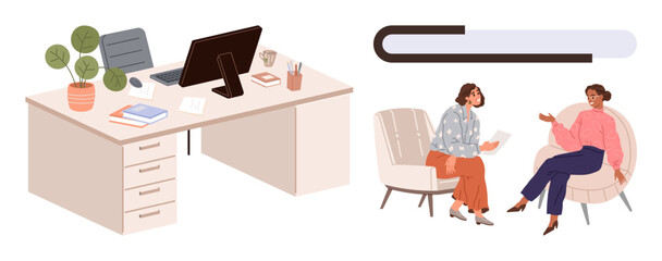 Office desk setup with a computer and stationery, beside two women engaged in conversation on chairs. Ideal for business communication, teamwork, coworking, consulting, brainstorming, counseling