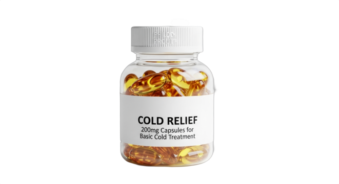 Transparent container of cold relief capsules featuring 200mg dosage instructions for effective treatment of common cold symptoms with clear labeling