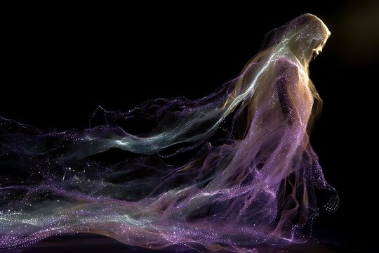 Goddess-like figure crafted from radiant silk threads, moving gently in cosmic breeze, the soul materialized as textile light, glowing conceptual abstract 