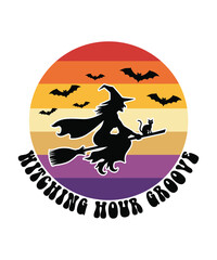 Witching Hour Groove Halloween Retro Sunset Silhouette Witch and Cat