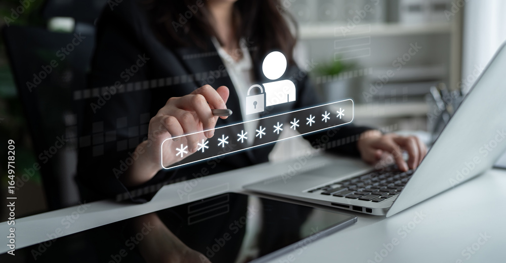 Poster user authentication and password protection concept showing secure login, privacy safeguard, data pr