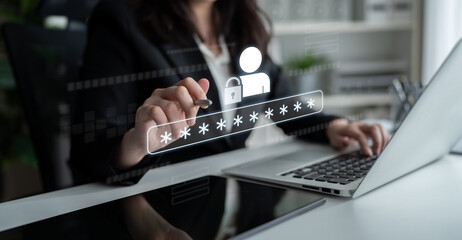 User authentication and password protection concept showing secure login, privacy safeguard, data...
