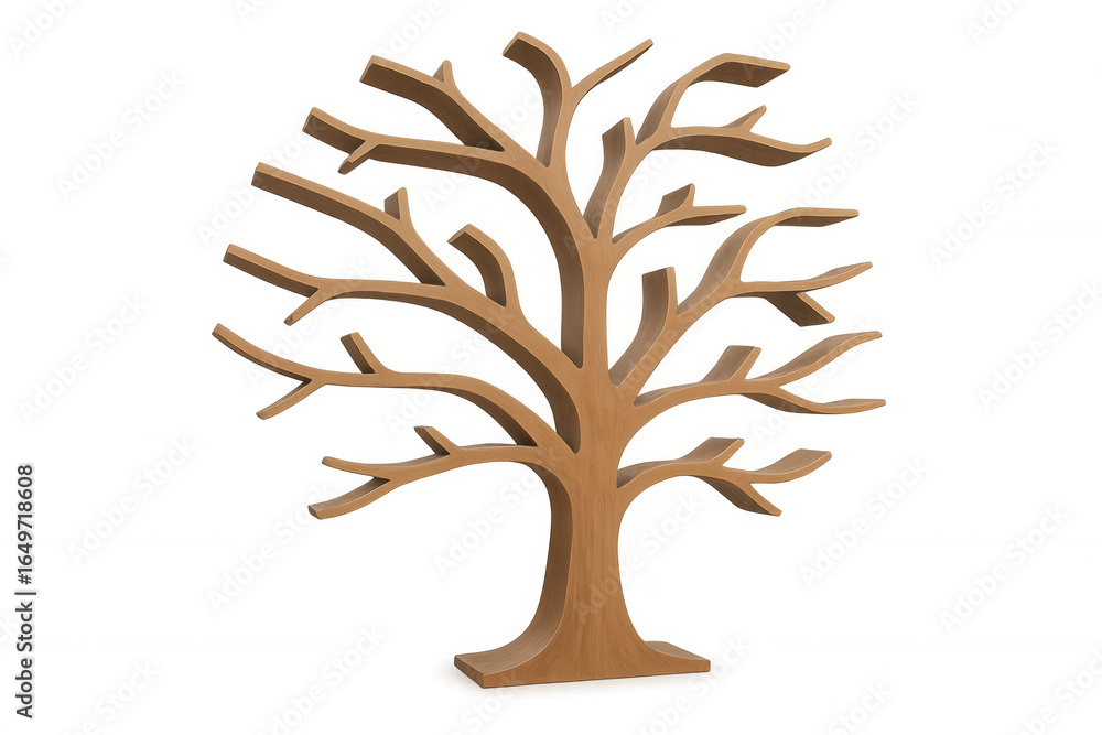 Poster 3d rendering of an empty wooden bookshelf shaped like a bare tree, perfect for book lovers and inter