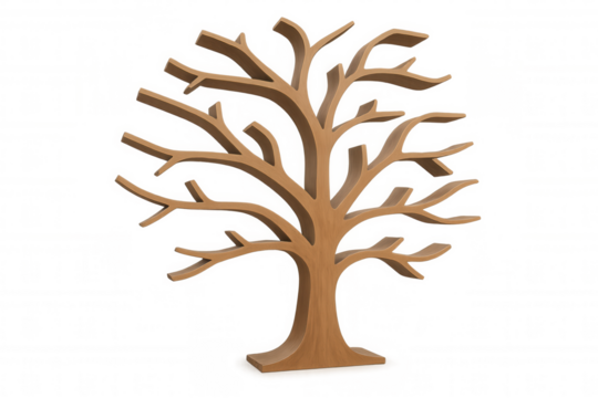 3d rendering of an empty wooden bookshelf shaped like a bare tree, perfect for book lovers and interior design enthusiasts